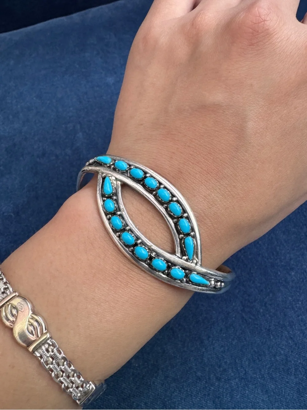 Vintage 925 Sterling Silver turquoise eye cuff bracelet.